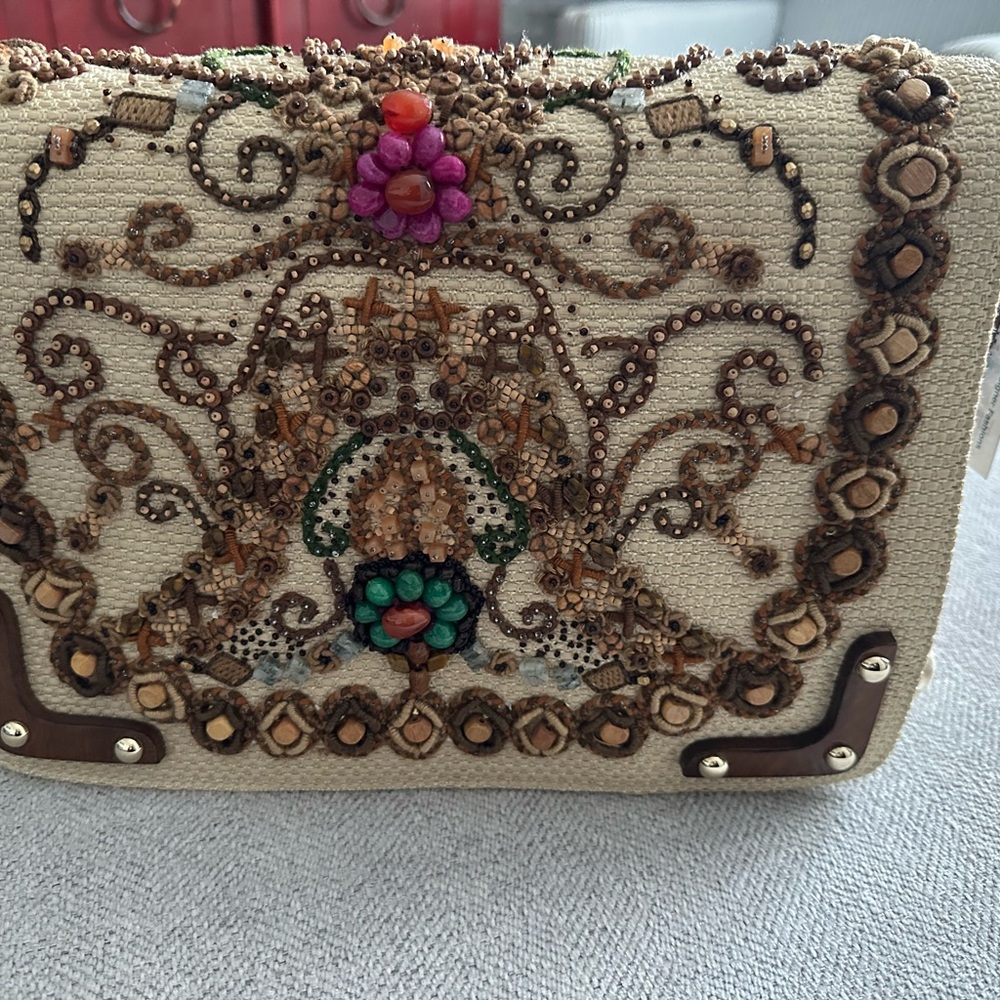 Oscar de la Renta Embroidery on Straw Hamdbag - NWT